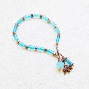 Slim Aqua & Copper Glass Rods Bracelet - 7-7.5" Wrists - for Elephant Lovers!